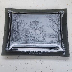 Vintage House Glass Currier & Ives Ash Tray or Trinket Box Winter in the Country